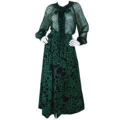 1970s Green Print Chanel Silk Top & Skirt