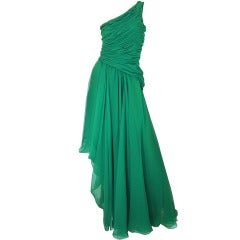 1980s Scaasi Emerald Green One Shoulder Chiffon Gown 11
