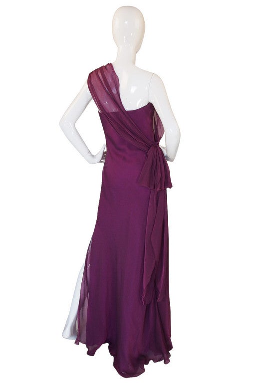 1990s Ben de Lisi One Shoulder Aubergine Silk Chiffon Dress at 1stdibs