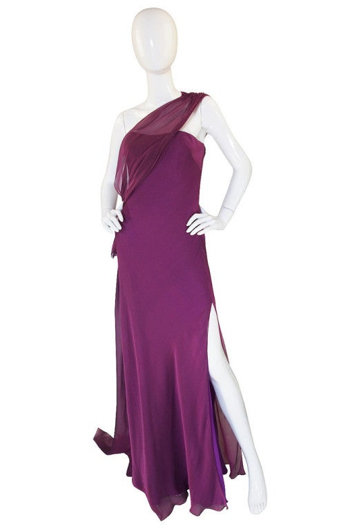 Purple 1990s Ben de Lisi One Shoulder Aubergine Silk Chiffon Dress