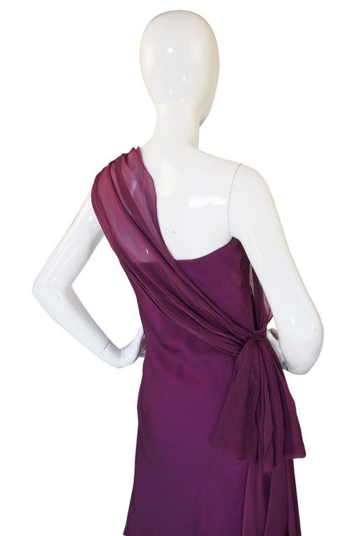 1990s Ben de Lisi One Shoulder Aubergine Silk Chiffon Dress 1