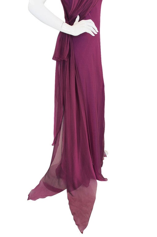 1990s Ben de Lisi One Shoulder Aubergine Silk Chiffon Dress 2