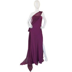 Retro 1990s Ben de Lisi One Shoulder Aubergine Silk Chiffon Dress