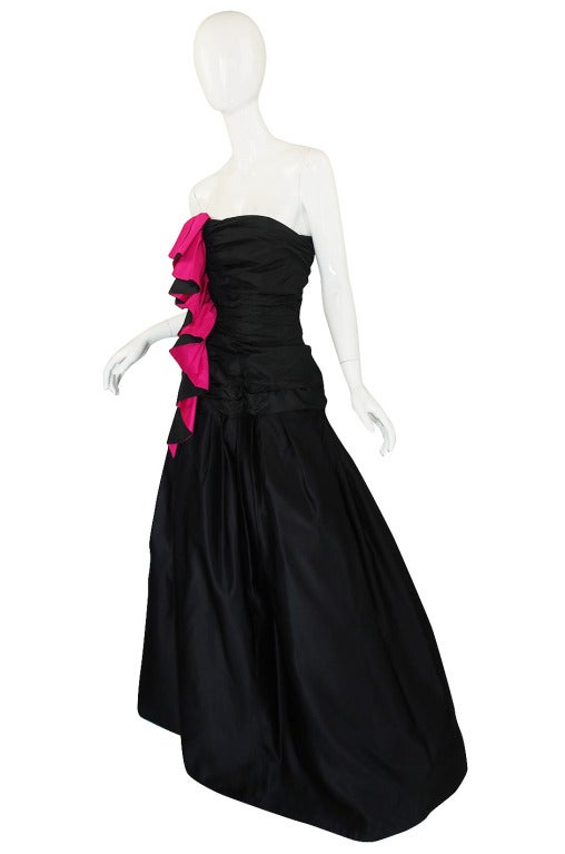 Late 1970s-Early 1980s Arnold Scaasi Couture Black & Pink Silk Dress In Excellent Condition In Rockwood, ON