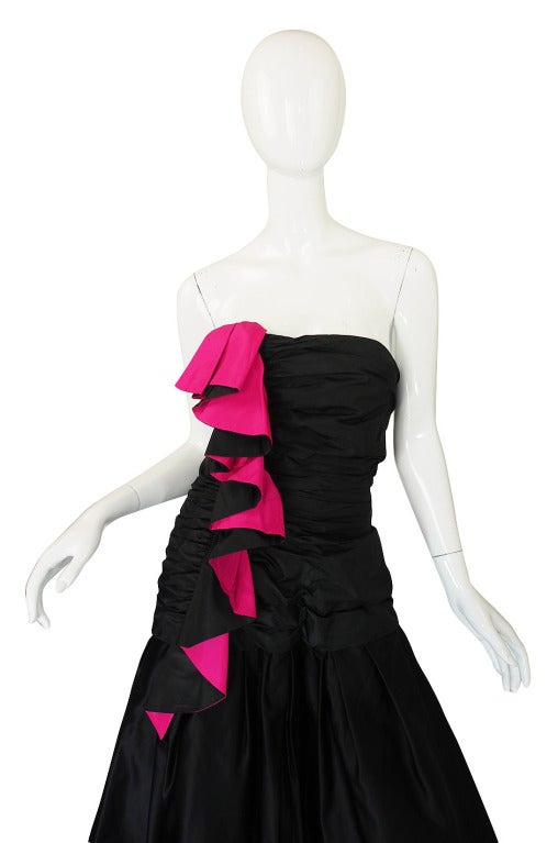 Women's Late 1970s-Early 1980s Arnold Scaasi Couture Black & Pink Silk Dress