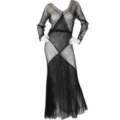1930s Exceptional Black Silk Net Bias Gown