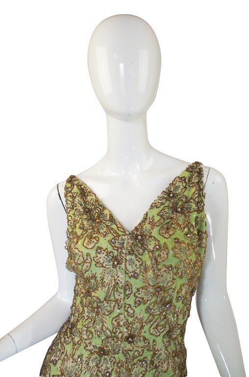 Brown Fitted 1950s Heavily Beaded Gold & Green Mignon Dress