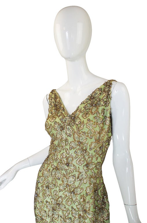 Fitted 1950s Heavily Beaded Gold & Green Mignon Dress In Excellent Condition In Rockwood, ON