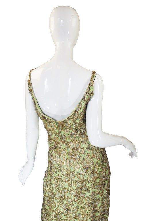 Women's Fitted 1950s Heavily Beaded Gold & Green Mignon Dress