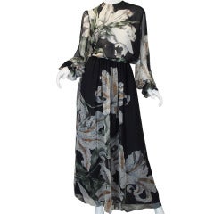 Vintage 1970s NWT Hanae Mori Silk Chiffon Floral Gown