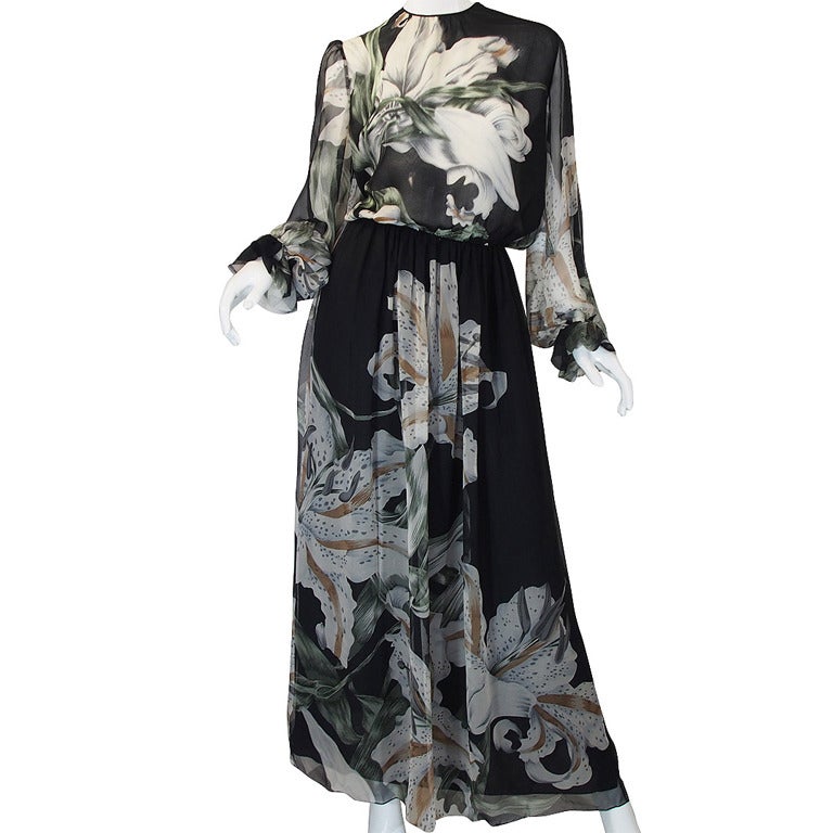 1970s Hanae Mori Silk Chiffon Jacket w Huge Bright Floral and Parrot Print