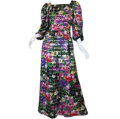 1970s Vibrant Floral Silk & Gold Michael Novarese Gown 6