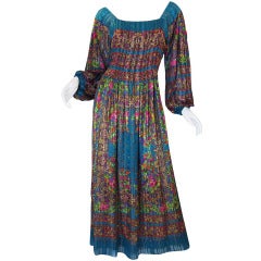 1970s Silk Chiffon Blue & Gold Trigere Gown