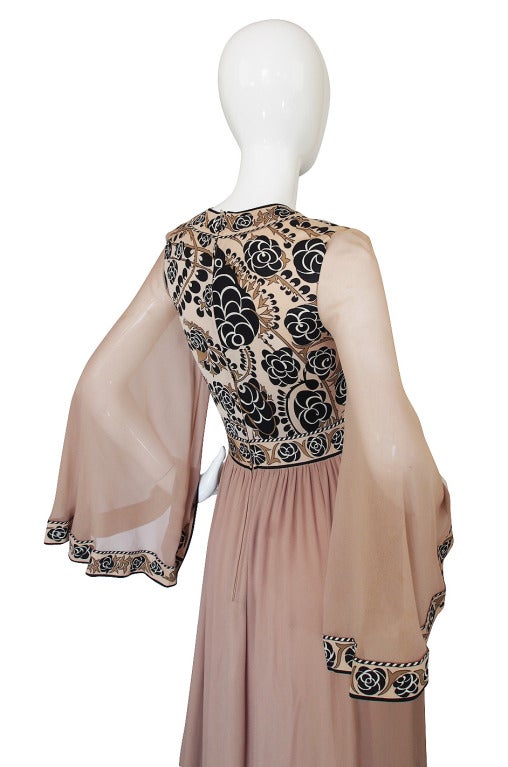1970s Bessi Taupe Silk Jersey & Chiffon Dress 1
