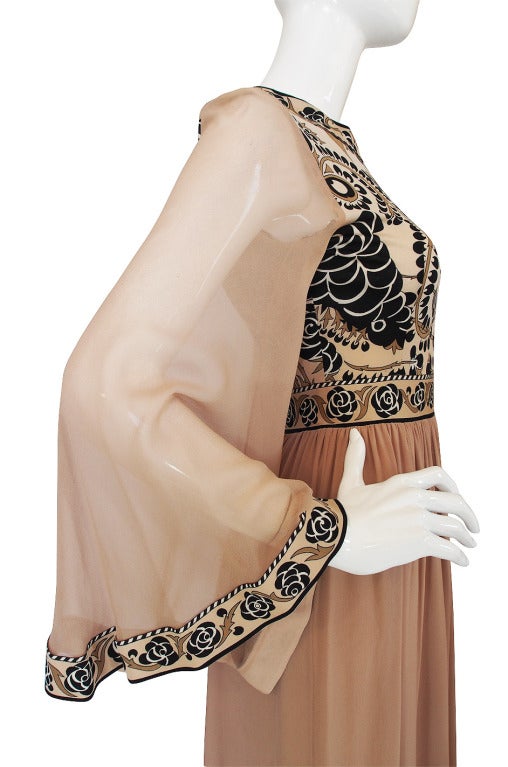 1970s Bessi Taupe Silk Jersey & Chiffon Dress 2