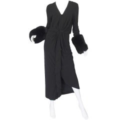 1980s Halston Fur Cuff Black Jersey Gown