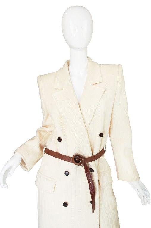 Women's 1980s Valentino Belted Ribbed Cream Coat
