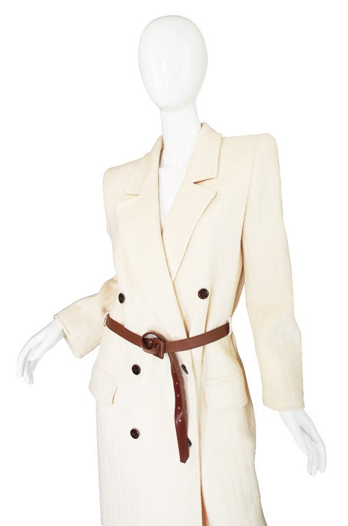 1980s Valentino Belted Ribbed Cream Coat 1
