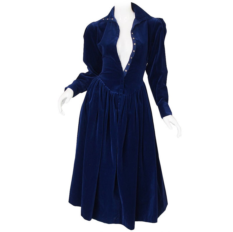 1970s Norma Kamali Blue Velvet Dress