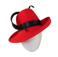 1960s Red Mr John Fedora Hat with Leather Feather Detail