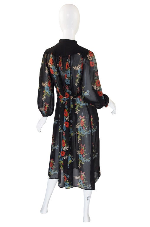 Every Ossie Clark dress is special but when it's an Ossie done with a Celia Birtwell print, it is even more so. Most pieces done in this particular cut were made from his signature moss crepe fabric, but this one is a rarer silk chiffon done through