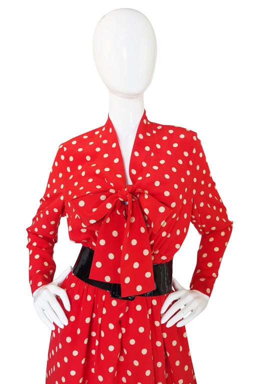 c.1963 Belted Norman Norell Chic Red Silk Dot Dress In Excellent Condition In Rockwood, ON
