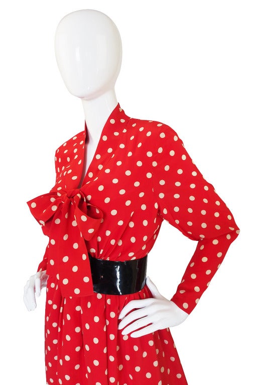 Women's c.1963 Belted Norman Norell Chic Red Silk Dot Dress
