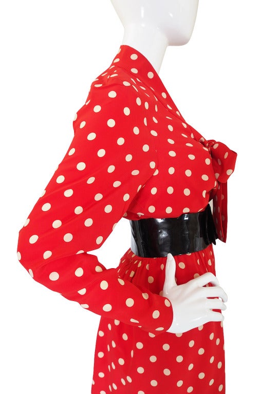 c.1963 Belted Norman Norell Chic Red Silk Dot Dress 2