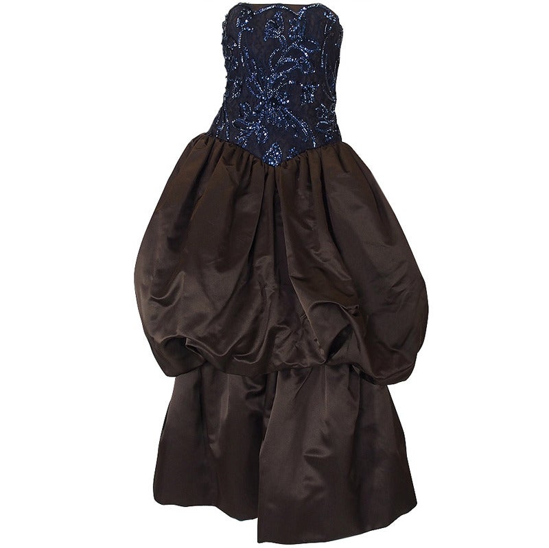1980s Blue Sequin and Chocolate Silk Ballgown For Sale at 1stDibs