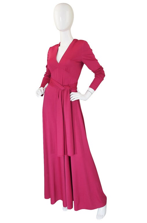 Pink 1970s Victor Costa Raspberry Colored Jersey Maxi Dress