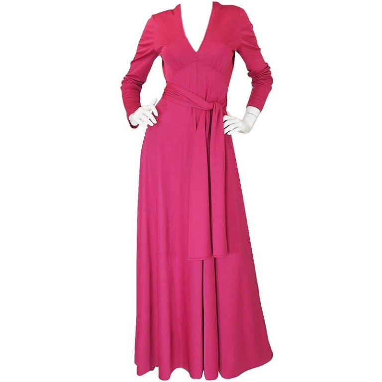 1970s Victor Costa Raspberry Colored Jersey Maxi Dress