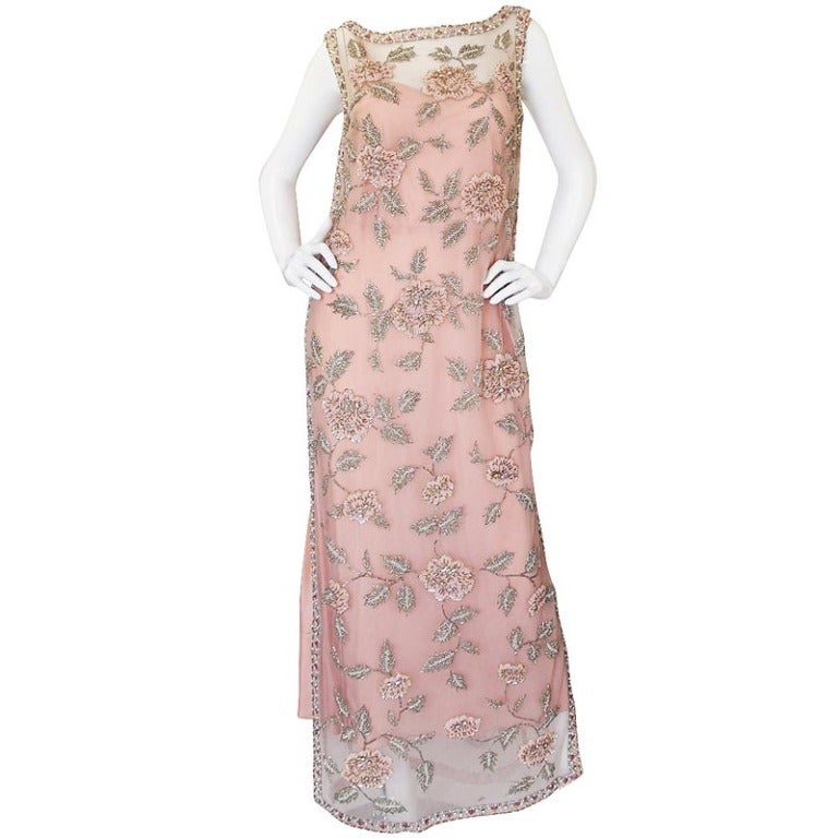 1960s French Hand Bead & Rhinestone Net Gown