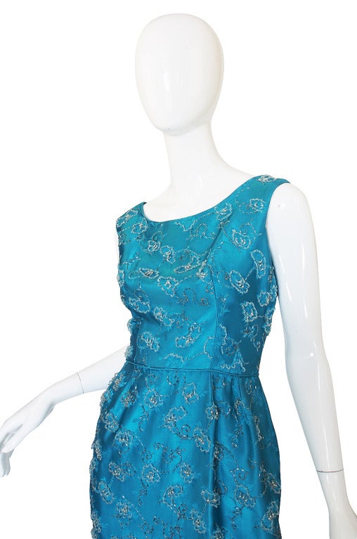 Women's 1950s Fully Beaded Brillant Turquoise Gown For Sale