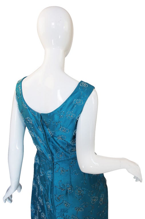 1950s Fully Beaded Brillant Turquoise Gown For Sale 1