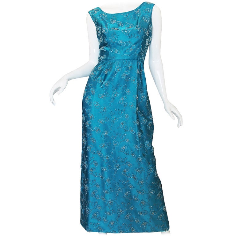 1950s Fully Beaded Brillant Turquoise Gown For Sale