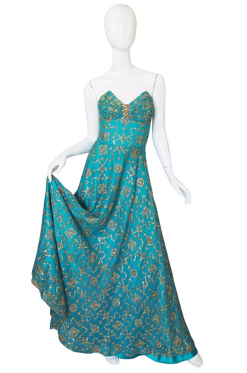 1970s Turquoise & Gold Sequin Silk Gown In Excellent Condition In Rockwood, ON
