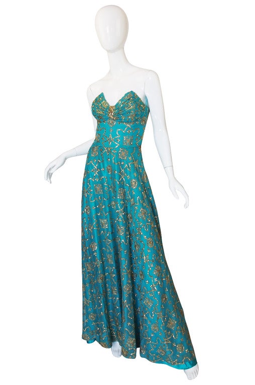 Women's 1970s Turquoise & Gold Sequin Silk Gown