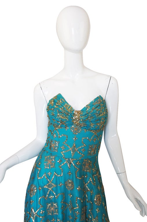 1970s Turquoise & Gold Sequin Silk Gown 1