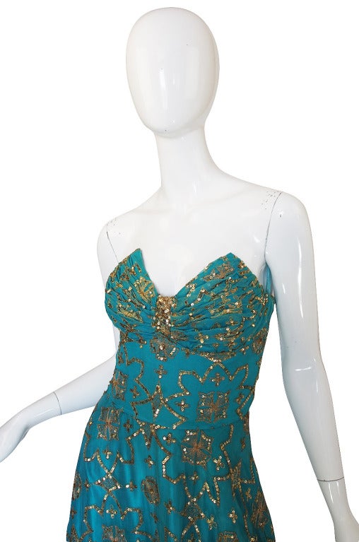 1970s Turquoise & Gold Sequin Silk Gown 2