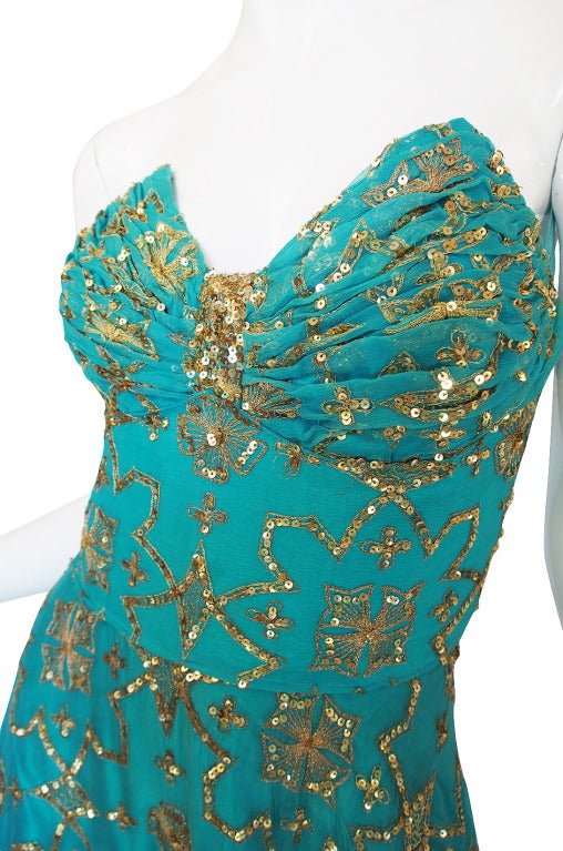 1970s Turquoise & Gold Sequin Silk Gown 3