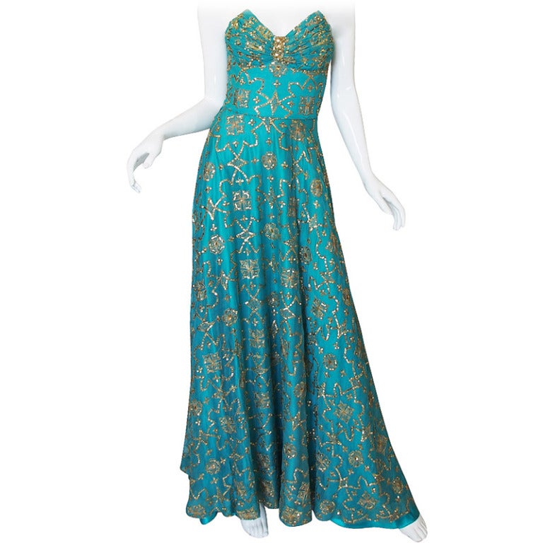 1970s Turquoise & Gold Sequin Silk Gown