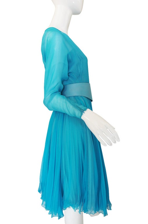 1960s Baby Blue Silk Chiffon Galanos Dress In Excellent Condition For Sale In Rockwood, ON