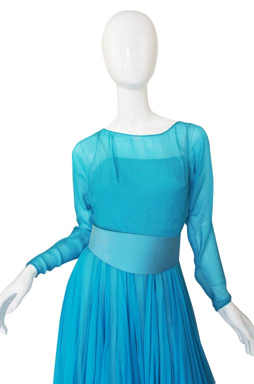 Women's 1960s Baby Blue Silk Chiffon Galanos Dress For Sale
