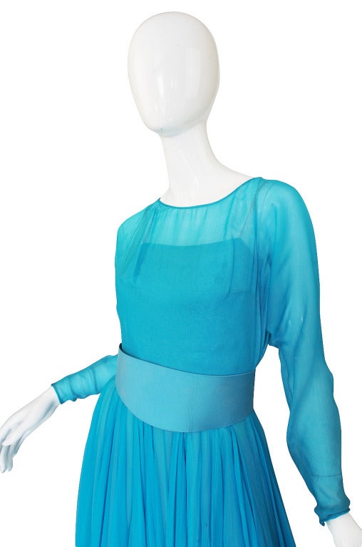 1960s Baby Blue Silk Chiffon Galanos Dress For Sale 1