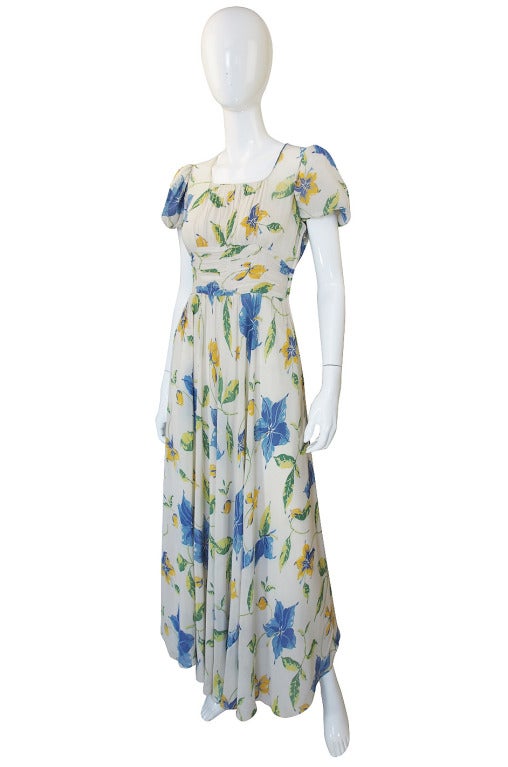 1930s Puffed Sleeve Floral Silk Chiffon Gown In Excellent Condition For Sale In Rockwood, ON