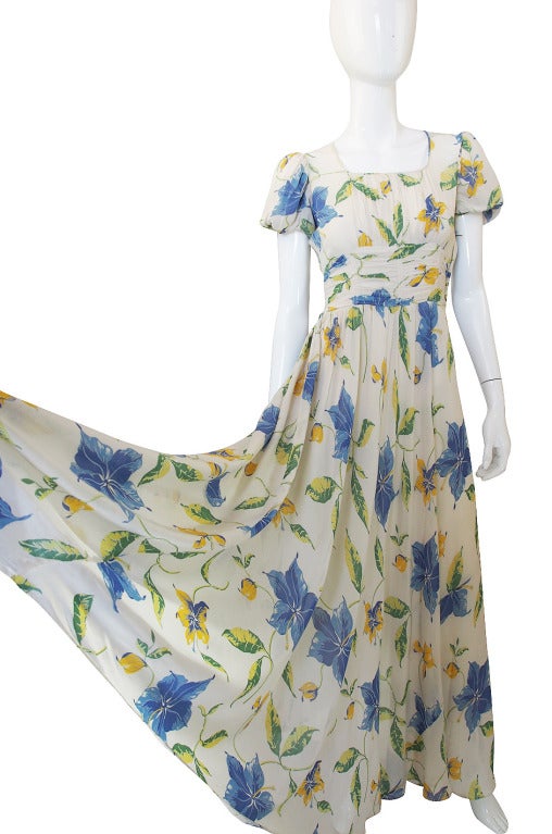 1930s Puffed Sleeve Floral Silk Chiffon Gown For Sale 2