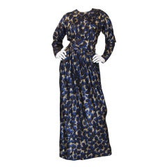 1970s Metallic Blue and Gold Halston Gown