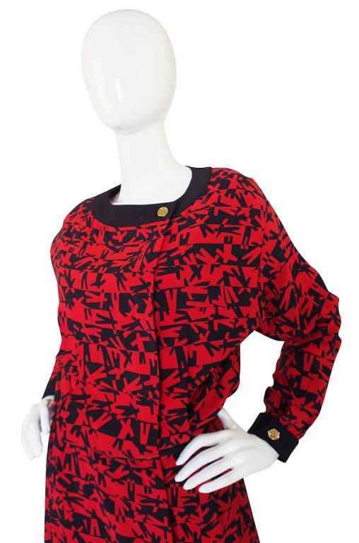 1980s Print Red & Navy Chanel Skirt and Top Set 1