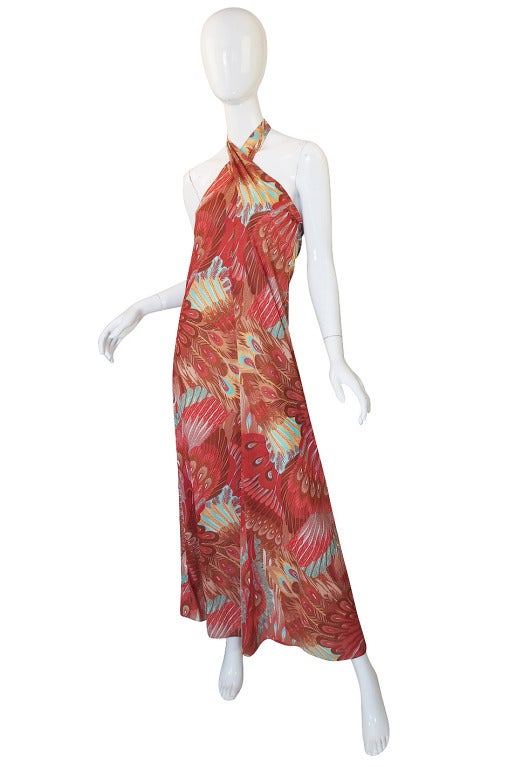 1970s Feather Print John Kloss Halter Dress In Excellent Condition In Rockwood, ON