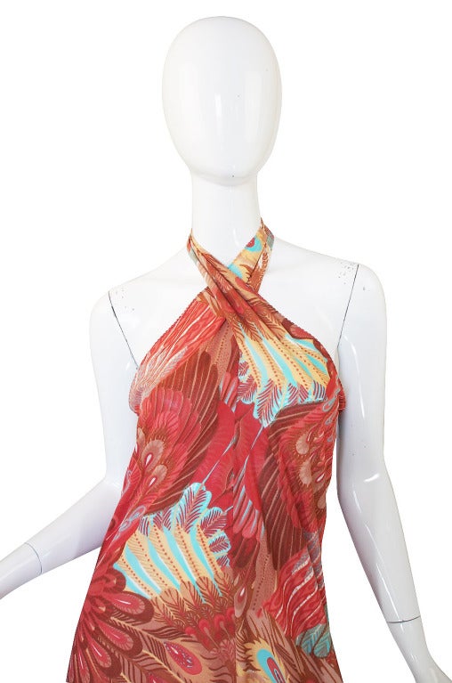 Women's 1970s Feather Print John Kloss Halter Dress